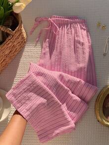 SHEIN PETITE CURVE Damen Große Größen Lässig Rosa gestreifte Hose für den Sommer - Pink - Übersicht 4