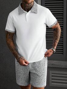 Manfinity CasualCool 男士条纹撞色纽扣半开襟 Polo 衫和抽绳腰带口袋短裤套装 - 彩色 - 查看 4