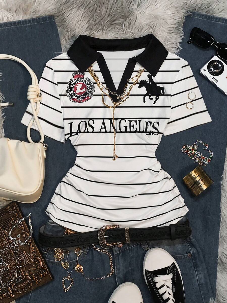 IslaSuriya 2000 年代复古女式休闲印花 Polo 领短袖上衣,时尚休闲,符合潮流,适合日常穿着、派对和音乐节。 - 彩色 - 查看 1