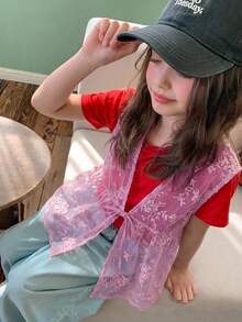 Dazy Kids Tween Girls' Summer Beach Vacation Embroidered Mesh Sheer Sleeveless Babydoll Top - Pink - View 4