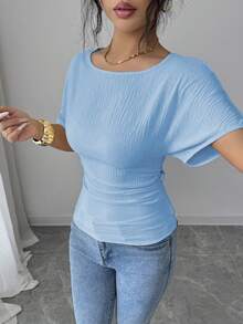 SHEIN Elenzya 女士优雅束腰露背设计T恤，夏季新品 - 淺藍色 - 查看 4