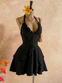Soleia Elegant Black Summer Boho Holiday Vacation Holiday,Textured Backless Ruffle Hem Dress For Beach Wedding Guest Attire,Graduation,Music Festival,Spring - Black - View 5