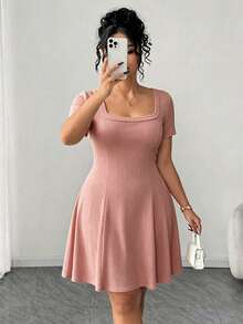 Elenzga 大码女装夏季新款莲藕粉色方领弹力腰修身短袖针织迷你连衣裙，适合通勤/工作休闲、约会、聚会、居家、日常穿着 - 藕粉色 - 查看 8
