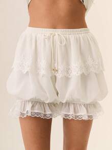 Willow Rêve Shorts de gasa con volantes y encaje, estilo bohemio para mujer - Beis - Ver 3