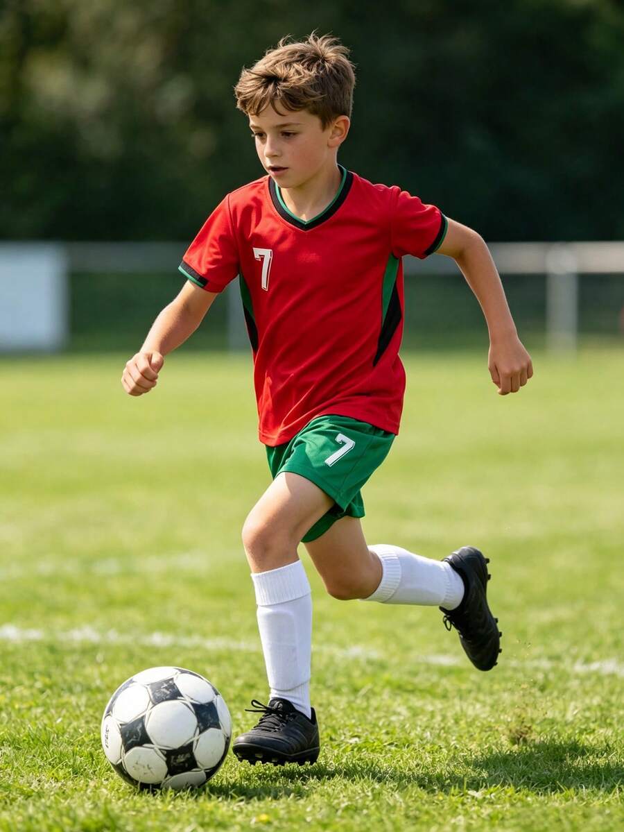 25-26 New Boys Soccer Jersey Set,Professional Red Summer Casual Gym Sports Suit,Tween Boy Short Sleeve & Shorts Uniform,Back To School Football Kit