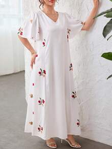 Yasmyna V-Neck Butterfly Sleeve Embroidered Patchwork White Dress, Spring/Summer - Multicolor - View 2