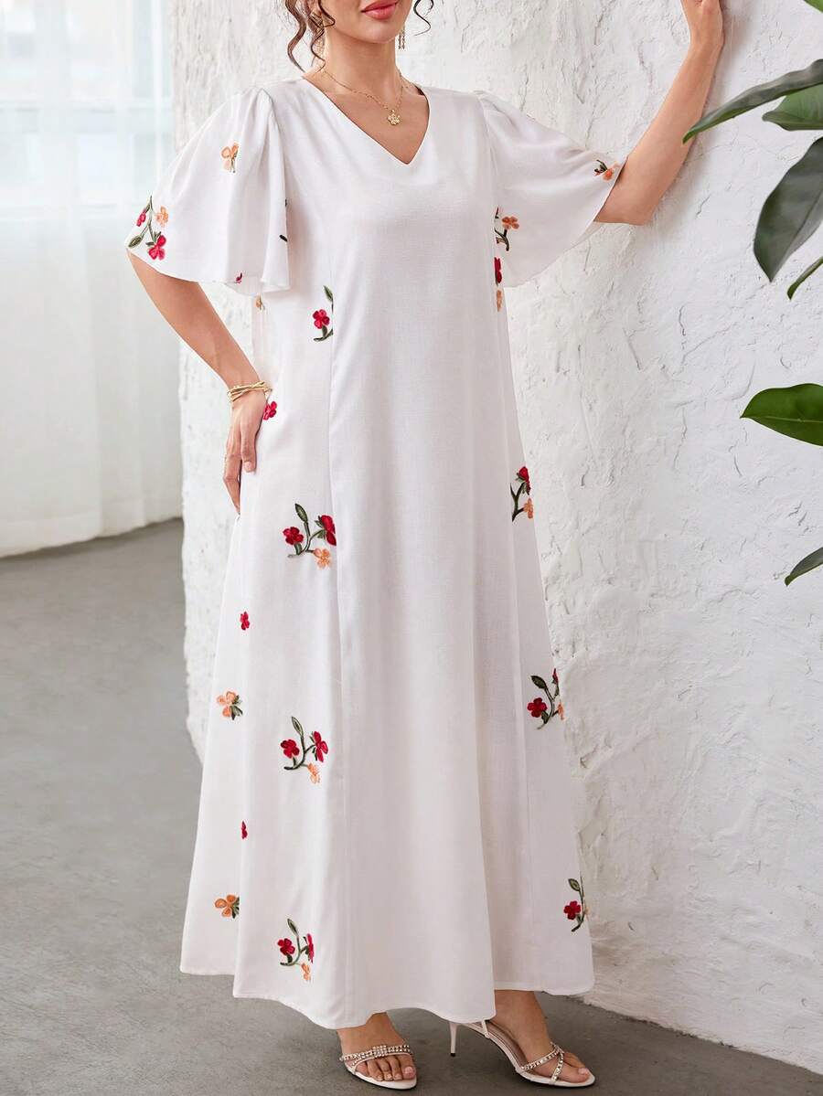 Yasmyna V-Neck Butterfly Sleeve Embroidered Patchwork White Dress, Spring/Summer