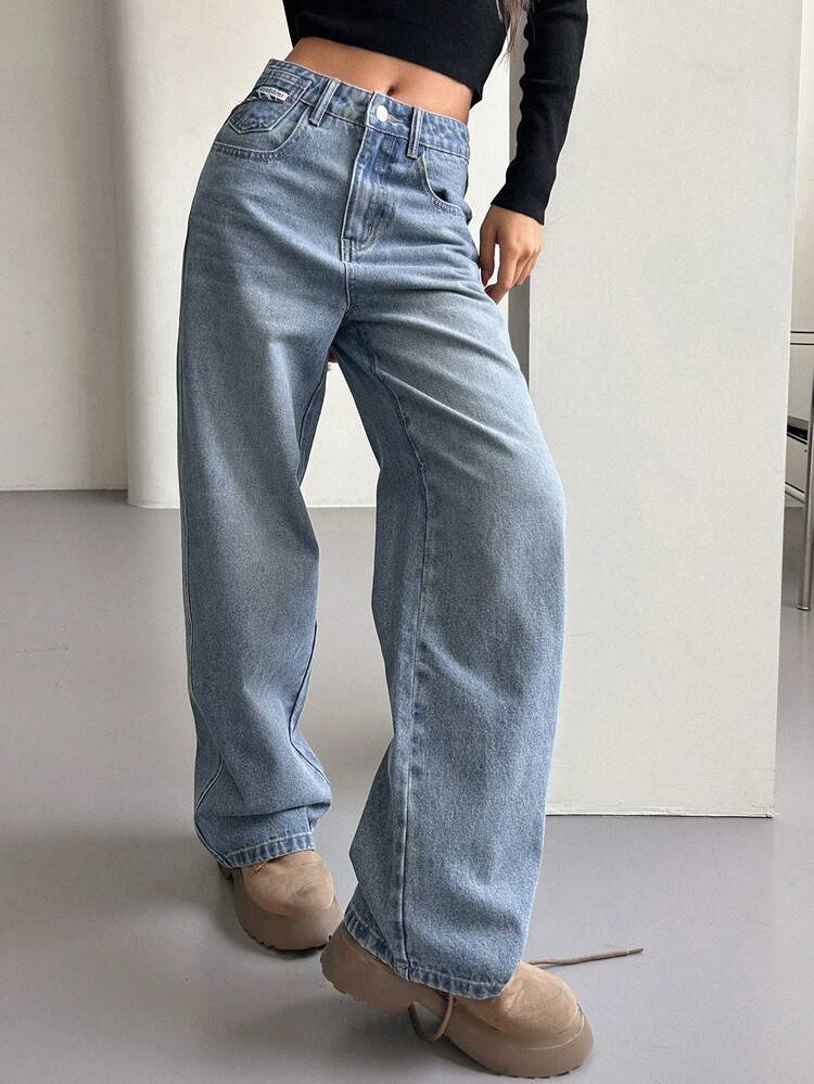 Women's Solid Color Slant Pocket Casual Loose Wide-Leg Jeans Petite