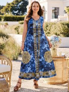 Rosumi Plus Size Women's Summer Beach Vacation Vacation Floral Light Blue Print V-Neck Sleeveless Loose Dress Boho - Multicolor - View 6