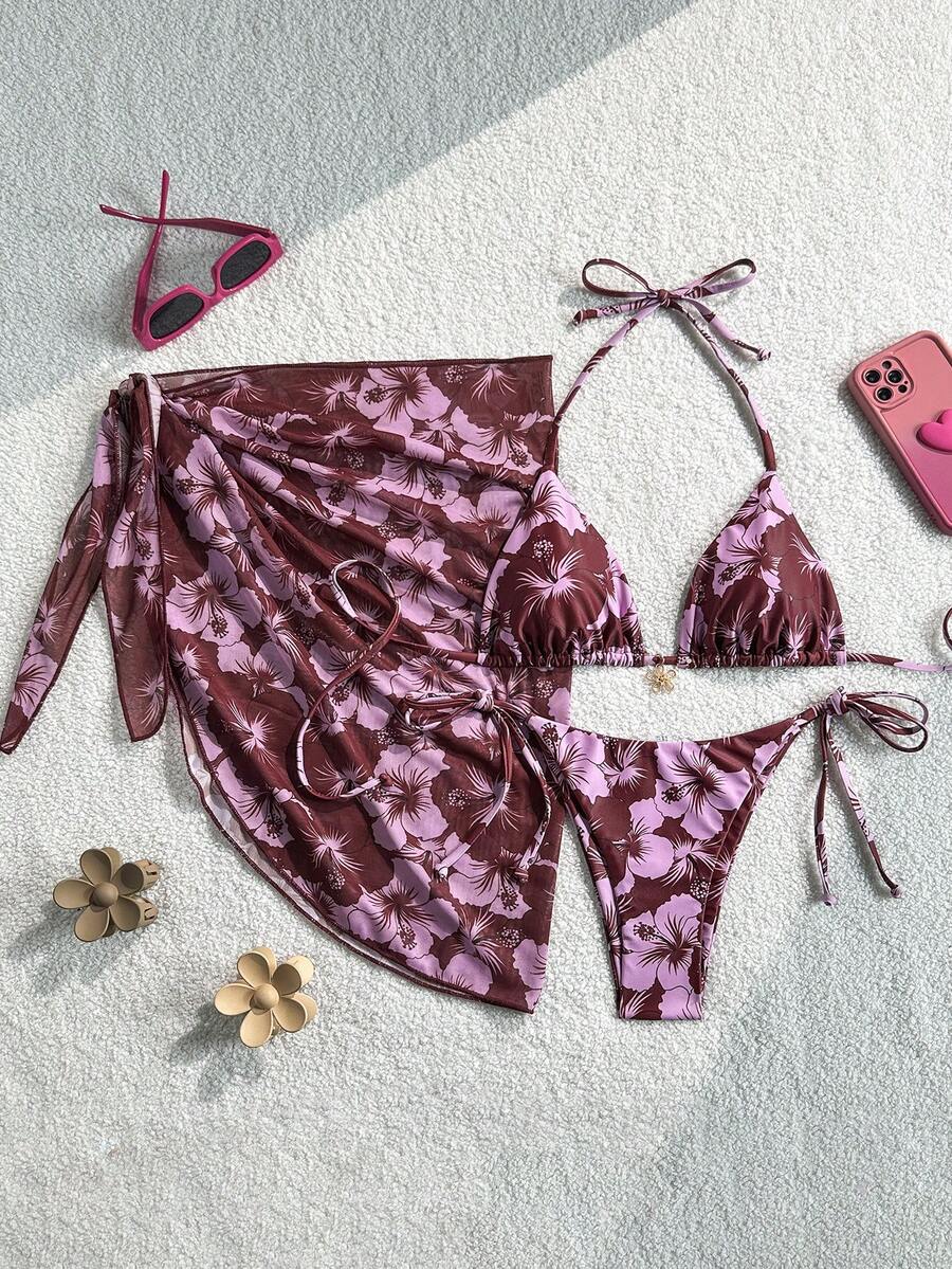 Swim Mod 3件套女士夏季随机印花吊带沙滩裙,复古度假比基尼套装 - 彩色 - 查看 1