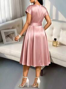 SHEIN Lady Đầm hồng thanh lịch cổ chữ V chéo tay ngắn dành cho nữ - Hồng - Xem 2