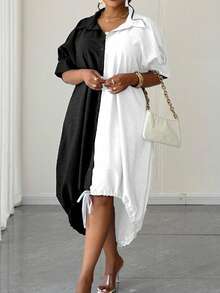 Maweii Plus Size Color Block Button Front Drawstring Hem Lantern Dress - Black and White - View 6