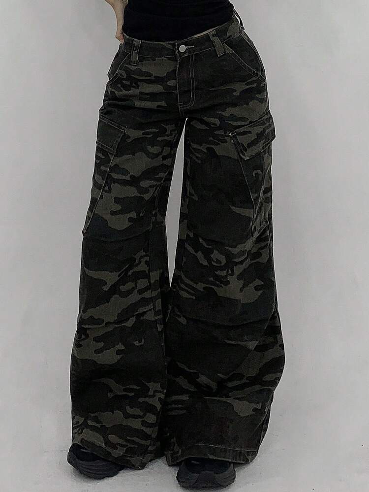 Women's Pocket Button Casual Loose Fit Everyday Wear Wide Leg Jeans