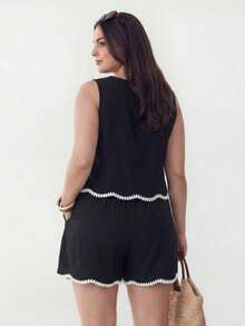 Solavibe Bộ đồ đôi nữ cỡ lớn gồm áo tank top cổ tròn và chân váy ngắn, kiểu dáng thường ngày. - màu đen - Xem 2