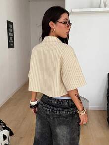 Coolane Women's Summer Streetwear Casual Vintage Preppy Daily Wear Basic Going Out School Graphics Striped Beige Loose Short Sleeve Crop Shirt Top - Apricot - View 6