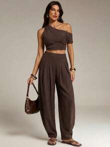 SHEIN Tall Bộ sưu tập Xuân/Hè 2026, hàng mới về, thích hợp cho các dịp lễ hội âm nhạc, Lễ Phục Sinh, Ngày Thánh Patrick, Ngày Valentine, Hẹn hò, Phong cách miền Tây, Phong cách du mục, Tiệc sinh nhật, Lễ tốt nghiệp, Đại học, Sinh viên, Thường ngày, Dễ phối đồ, Giải trí, Kỳ nghỉ, Du lịch biển, Bãi biển, Tắm nắng, Phong cách thịnh hành, Thời trang đường phố, Khách dự đám cưới, Phong cách Boho, Đi làm, Ăn sáng muộn, Sân bay, Tiệc tùng, Đi chơi ngày lễ, Trang phục công sở, Quần dài xếp ly màu nâu bằng vải lanh, cạp chun co giãn, túi khóa kéo, dây rút. - màu nâu - Xem 3