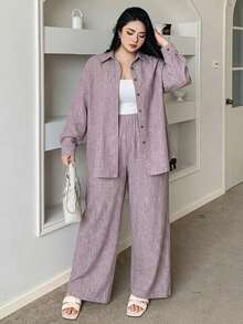 Dazy Plus 西部风沙滩度假纯色仿牛仔亚麻宽松休闲加大码女式两件套，春秋季 - 紫丁香色 - 查看 5