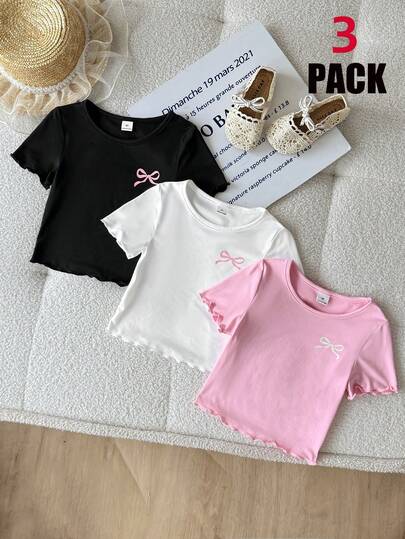 SHEIN 3件套儿童/少女夏季柔软可爱蝴蝶结印花黑白粉色T恤上衣，休闲日常时尚百搭，适合外出、旅行、露营、拍照、亲子装