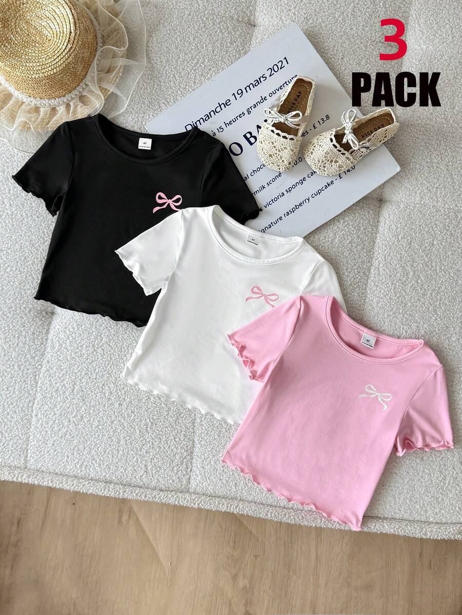 SHEIN 3件套儿童/少女夏季柔软可爱蝴蝶结印花黑白粉色T恤上衣，休闲日常时尚百搭，适合外出、旅行、露营、拍照、亲子装 - 彩色 - 查看 1