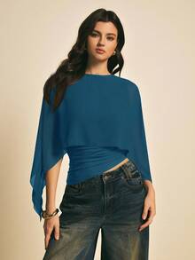 Elegant Women's Blouse With A Solid-Color Shawl Collar - Ginger - View 5