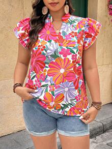 Breezaya Blusa con cuello en V, mangas con volantes y estampado floral para mujer de talla grande - Multicolor - Ver 3