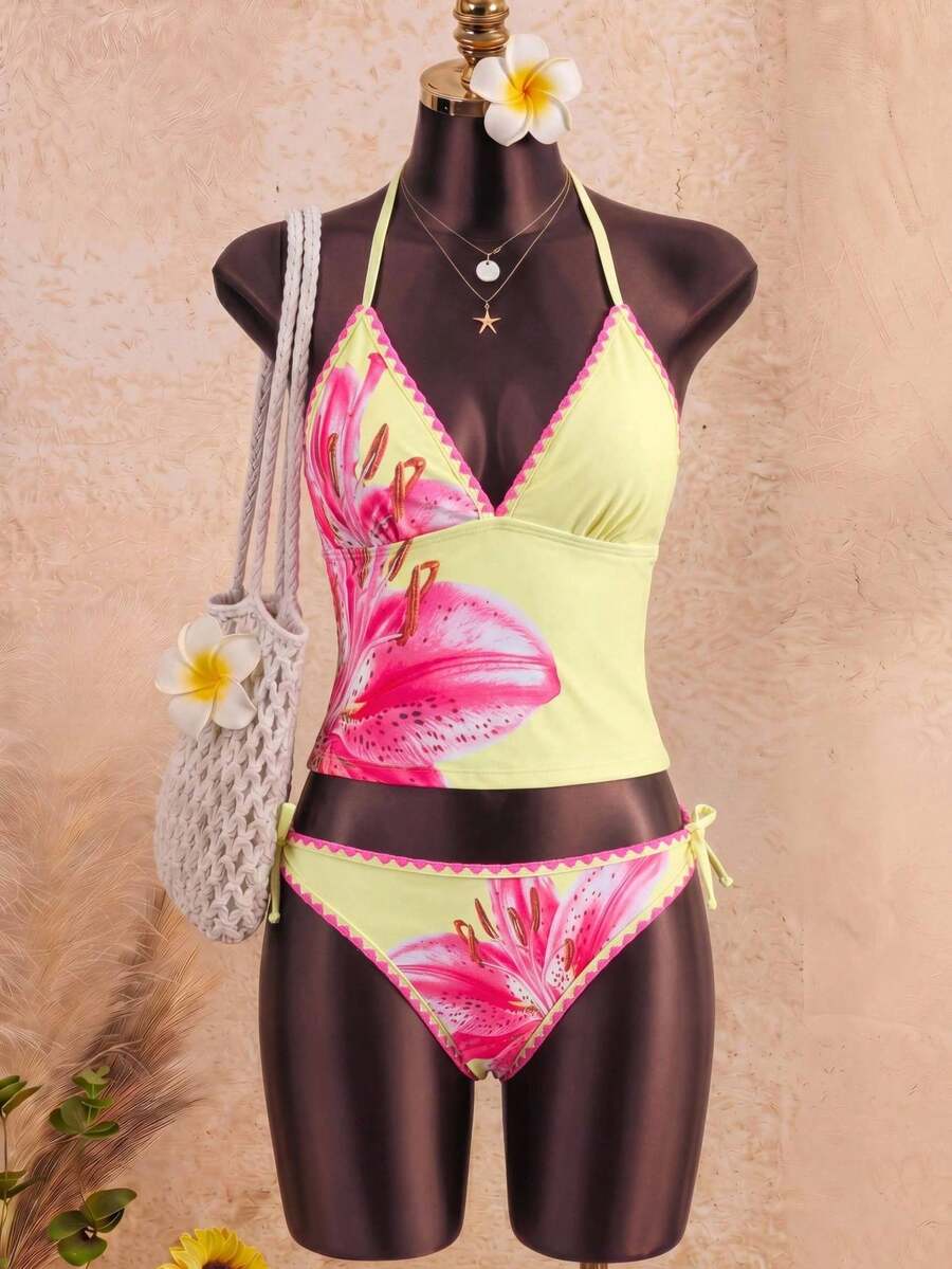 Teen Girl & Teen Girls' Yellow Floral Print Spaghetti Strap Tankini Swimwear Set, 2pcs, Colorblock Shell Trim, Beach Holiday, Summer Swimwear - Yellow - View 1