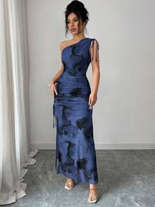 Rafferiza Vestido de mujer elegante con hombro asimétrico, drapeado, cordón, efecto tie-dye y malla con abertura lateral - Azul Marino - Ver 3