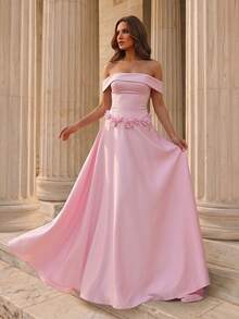 Glamrae Elegant Pink Luxurious Satin Dress Handcrafted 3D Floral Embellishments Off-The-Shoulder Asymmetrical Waistline Full Skirt Formal Evening Gown - Pink - View 2