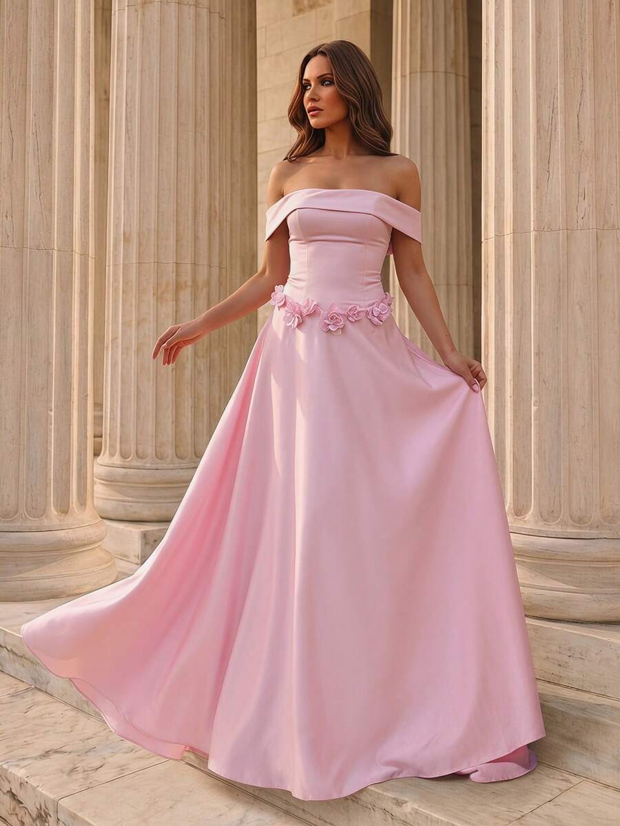 Glamrae Elegant Pink Luxurious Satin Dress Handcrafted 3D Floral Embellishments Off-The-Shoulder Asymmetrical Waistline Full Skirt Formal Evening Gown