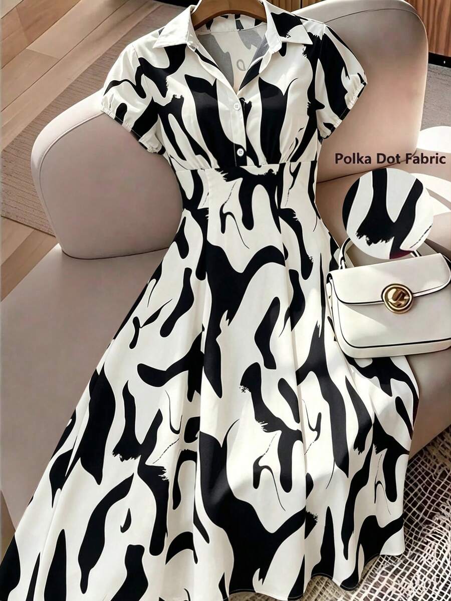Franclia 大尺碼女款黑白不對稱圖案短袖洋裝,優雅復古法式襯衫領A字長洋裝,夏季穿搭 - 黑與白 - 查看 1