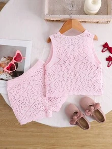 SHEIN Bộ đồ thường ngày cho bé gái, áo và quần short họa tiết hoa nơ. - Hồng - Xem 2