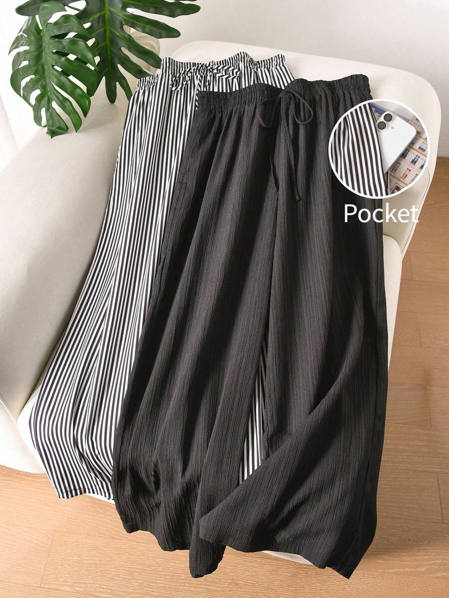 CosyJoli Plus Size Women Casual Curve Textured Chiffon Basic Straight Leg Pants Line Pleated Black Striped Wide-Leg For Formal Loungewear Summer - Multicolor - View 1