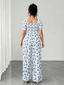GlowEve CURVE Damen Große Größen Blümchen Taille Raffung Puffärmel Lang Jumpsuit - Weiss - Übersicht 2
