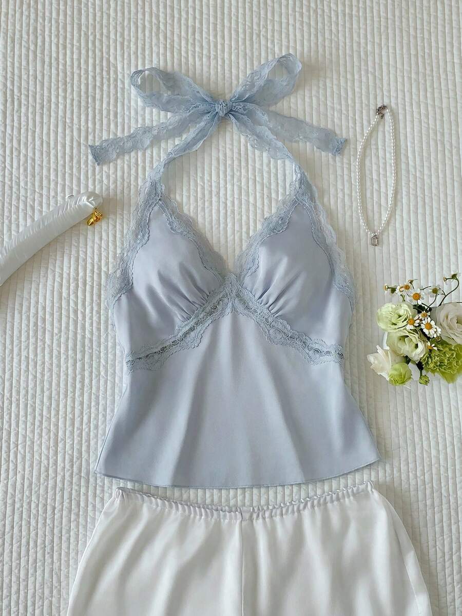 Comfortcana 2026新款女款蕾絲拼接露背上衣,嬰兒藍夏季優雅茶會上衣,百搭時尚,Y2K 2000年代風格,海灘休閒穿搭 - 藍色 - 查看 1