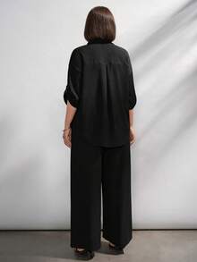 Chikora Plus Size Women's Solid Color Single-Breasted Top And Wide-Leg Pants Set, Suitable For Office Wear And Various Occasions In Summer - Black - View 3