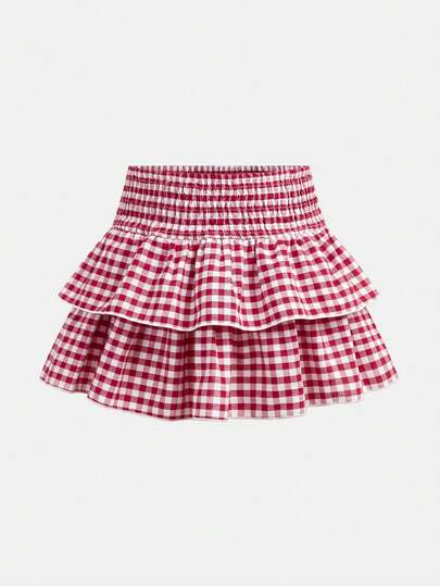 Girlism Tween Girl/Tween Girls Spring/Summer New Casual Vacation Waist Drawstring Ruched Red & White Woven Plaid Mini Skirt, Simple & Comfortable