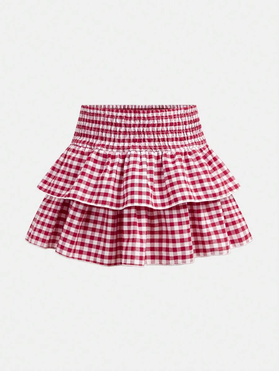 Girlism Tween Girl/Tween Girls Spring/Summer New Casual Vacation Waist Drawstring Ruched Red & White Woven Plaid Mini Skirt, Simple & Comfortable - Red and White - View 1