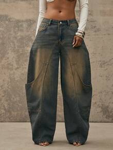 Denimoi Oversized Pocket Barrel Leg Jeans Fashionable Denim Barrel Leg - Medium Wash - View 1