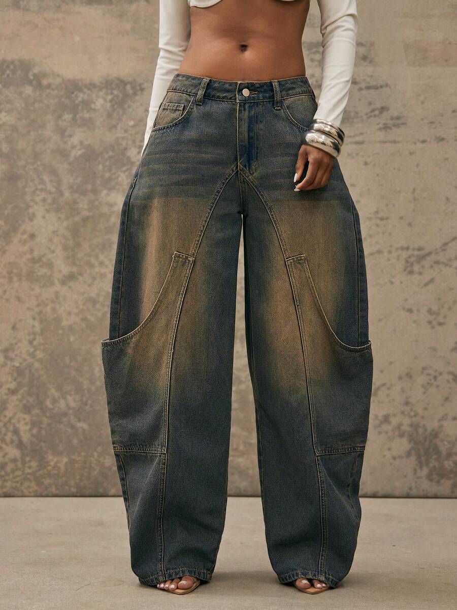 Denimoi Oversized Pocket Barrel Leg Jeans Fashionable Denim Barrel Leg - Medium Wash - View 1