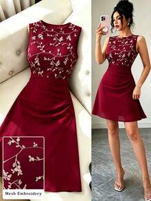 Modelyn Đầm chữ A không tay màu đỏ kiểu Pháp dành cho nữ, thêu họa tiết và thắt eo. - Đỏ - Xem 9