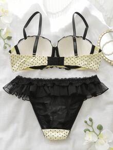 DelicateAllure Polka Dot Mesh Patchwork Lace Lingerie Set - Yellow - View 3