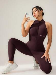 Powerista Women's Letter Print Casual Jumpsuit Pants For Daily Wear & Sports - Burgundy - View 4
