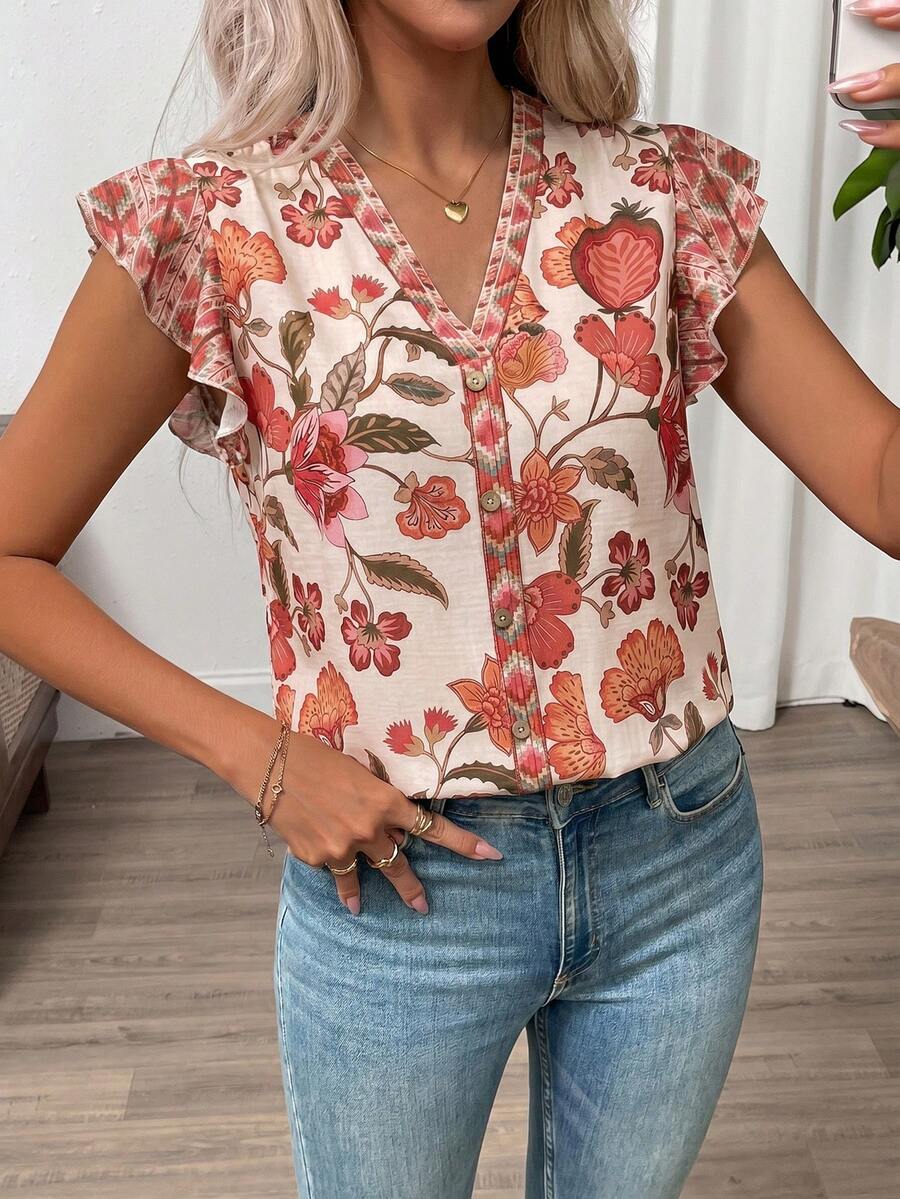 SHEIN Clasi Áo sơ mi nữ tay bồng in hoa, kiểu dáng đi nghỉ mát. - Nhiều màu - Xem 1