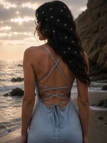 OverBlushhh Women's Blue Satin Maxi Dress Backless Lace Up High Slit - Baby Blue - View 6