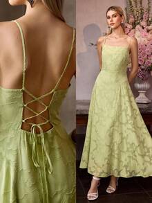 MOTF PREMIUM FRENCH LUXURY JACQUARD CAMISOLE DRESS, WAIST-CINCHING, ELEGANT VACATION DRESS - Green - View 7