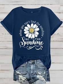 EMERY ROSE Women Daisy Print Round Neck Short Sleeve T-Shirt - Navy Blue - View 1
