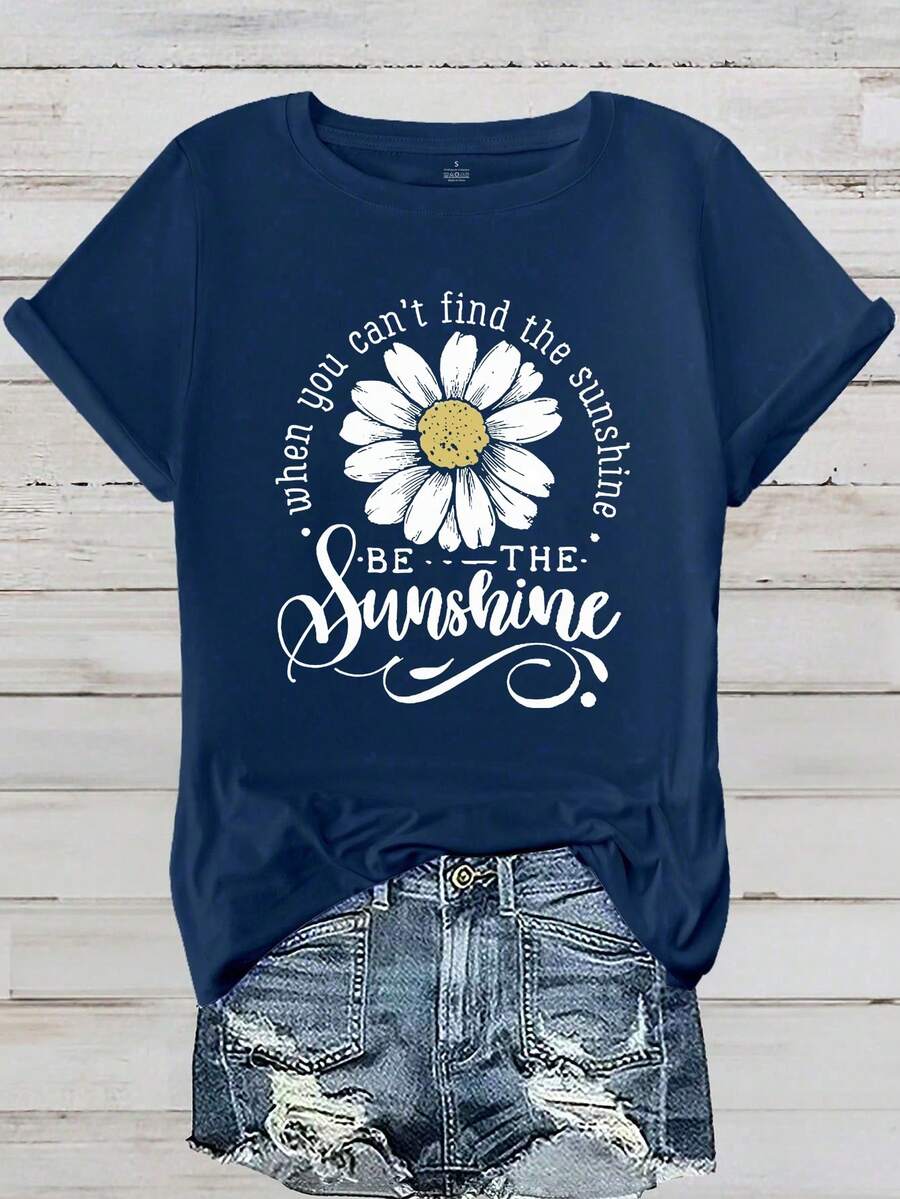 EMERY ROSE Women Daisy Print Round Neck Short Sleeve T-Shirt - Navy Blue - View 1