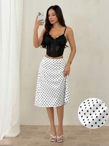 SHEIN PETITE Chân váy chữ A thanh lịch, đa năng, họa tiết chấm bi dành cho nữ. - Đen và trắng - Xem 8