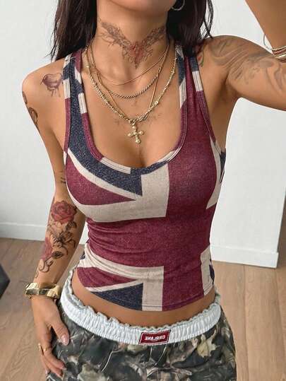 Coolane Áo tank top cổ chữ V nữ phong cách đường phố mùa hè, vintage, đồ đi concert, đồ rave, đồ đi lễ hội, đi chơi, hội chợ Phục hưng, họa tiết đồ họa bụi bặm, họa tiết cờ