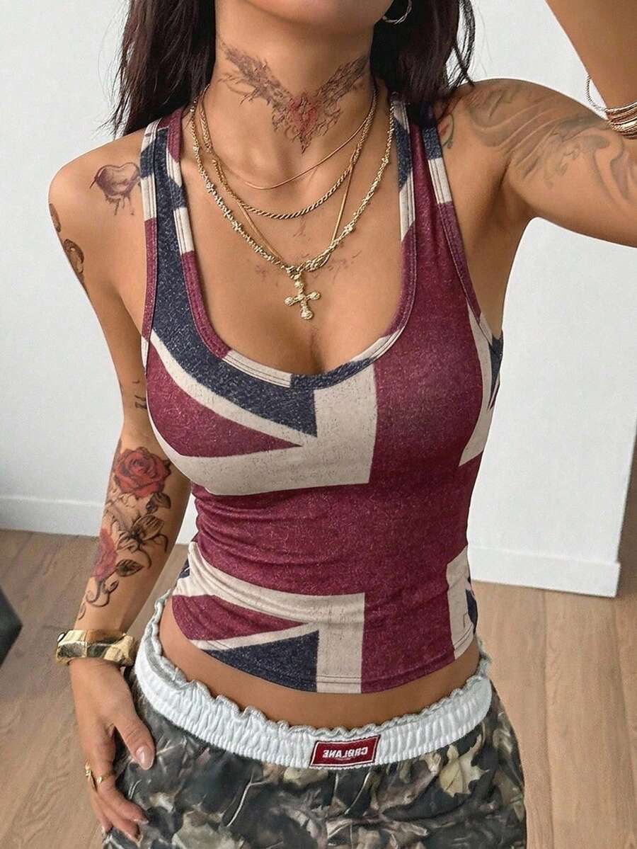 Coolane Áo tank top cổ chữ V nữ phong cách đường phố mùa hè, vintage, đồ đi concert, đồ rave, đồ đi lễ hội, đi chơi, hội chợ Phục hưng, họa tiết đồ họa bụi bặm, họa tiết cờ - Nhiều màu - Xem 1
